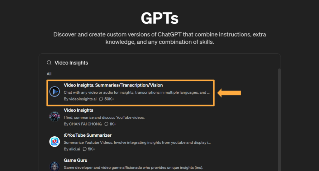 「Explore GPTs」からVideo Insightsを検索