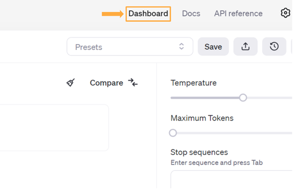 ChatGPT API　「Dashboard」を選択